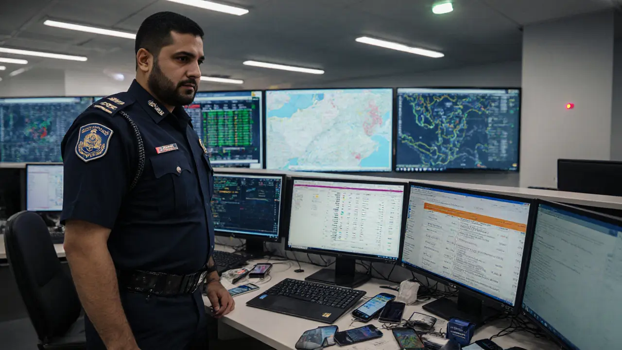 Police officers monitoring digital escort ads on screens in a Dubai law enforcement office.