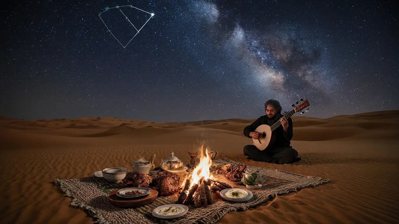 Private Bedouin dinner under a star-filled desert sky with traditional food and an oud player in the background.