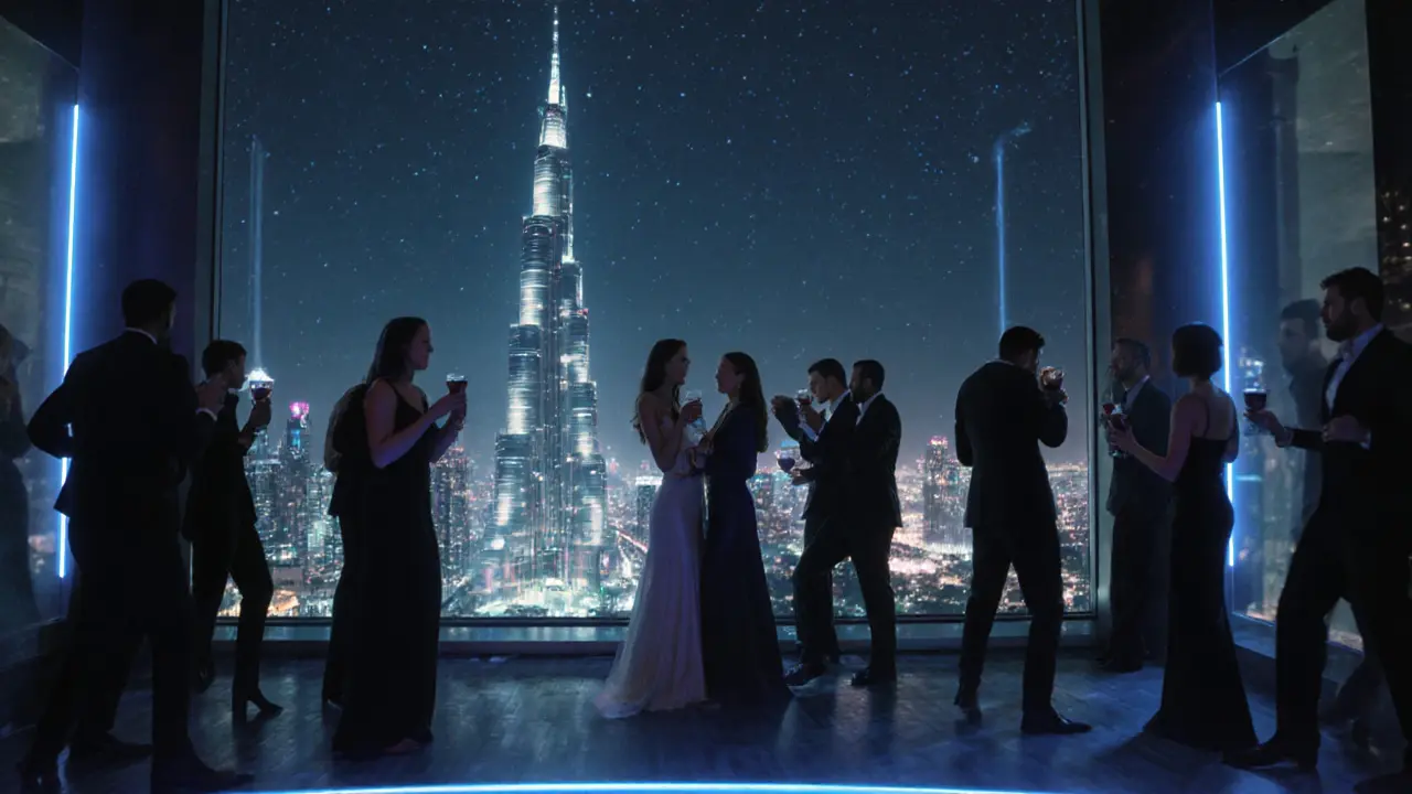 Rooftop club with stunning Burj Khalifa views, elegant guests dancing under stars, sleek architecture, and soft blue lighting.