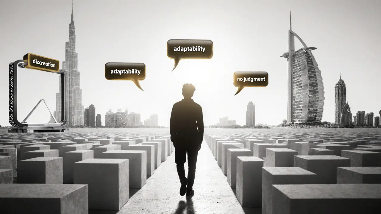 Silhouette walking through Dubai landmarks with words like &#039;discretion&#039; and &#039;presence&#039; floating around.