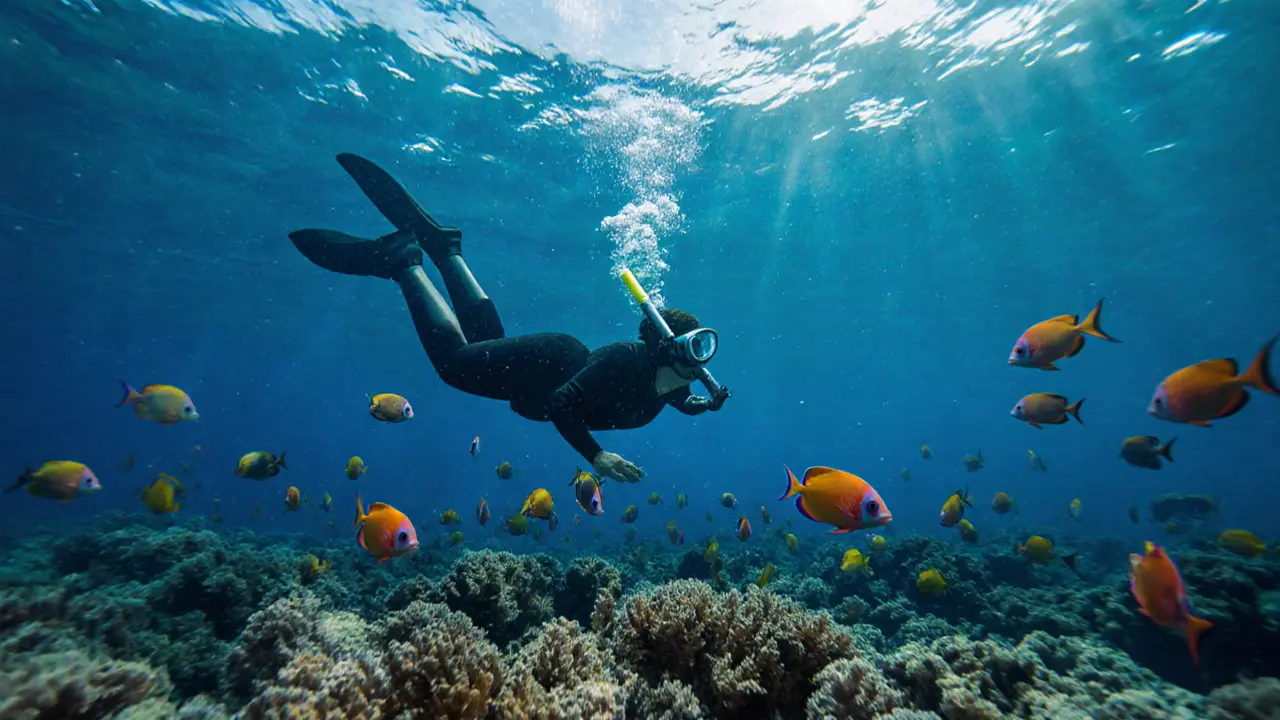 Snorkeler swimming above a vibrant artificial reef with colorful fish and a waterproof headphone nearby.