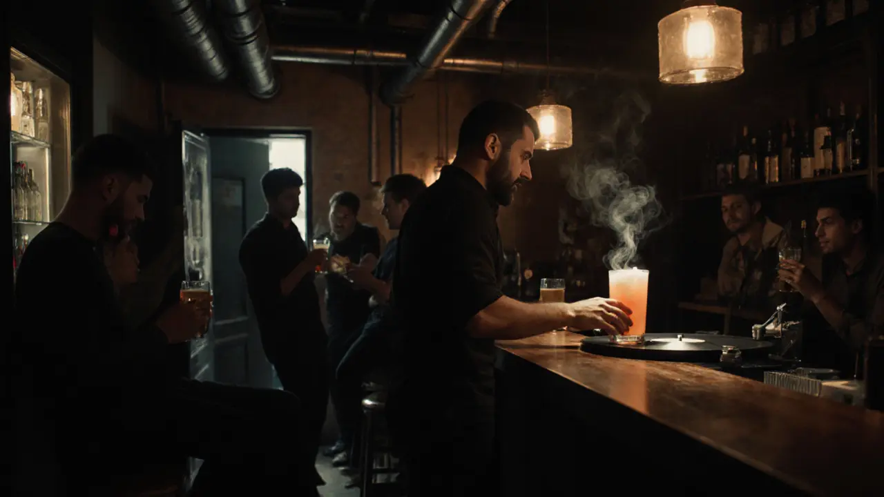 Speakeasy bar 1984 with industrial decor, bartender mixing cocktails under warm lights.