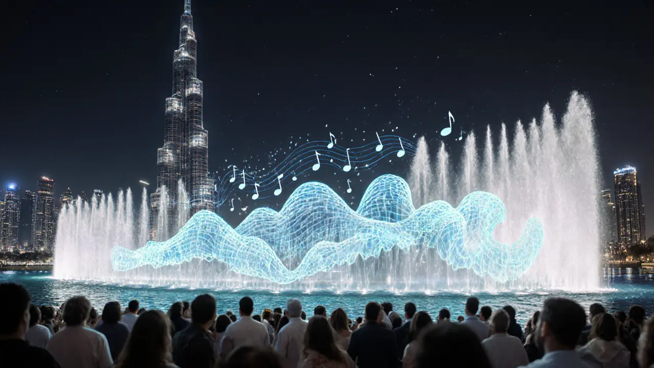 Surreal depiction of water jets shaped like musical notes dancing beneath the Burj Khalifa under starlit skies.