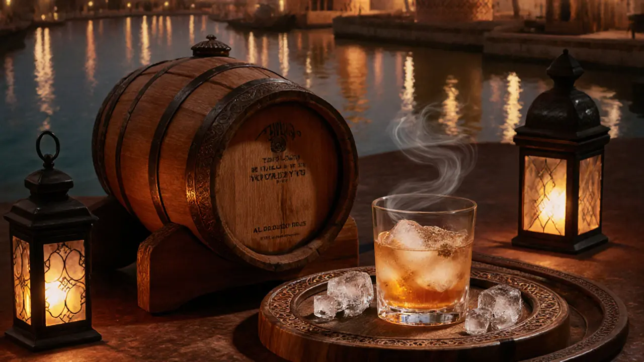 Traditional date barrel aging a cocktail with cardamom ice melting beside it in a historic Dubai waterfront setting.