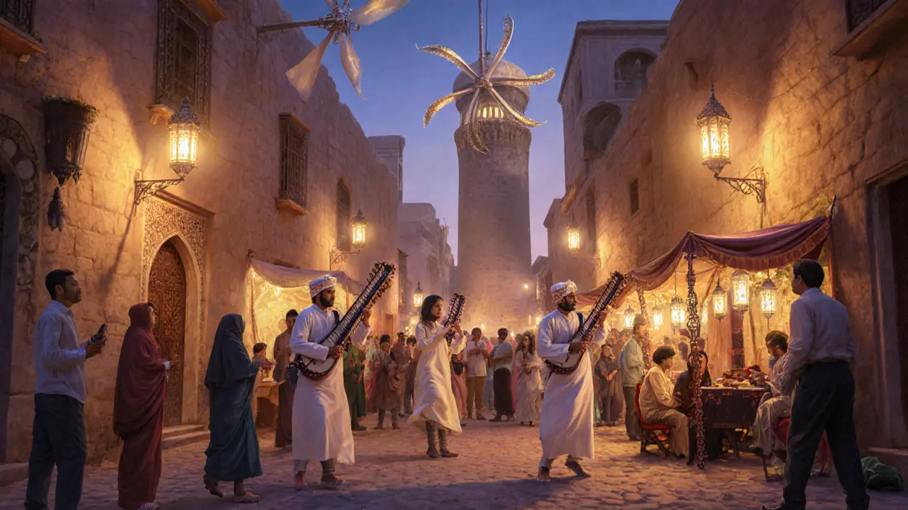 Traditional Emirati performance in Al Fahidi with lanterns and wind towers.