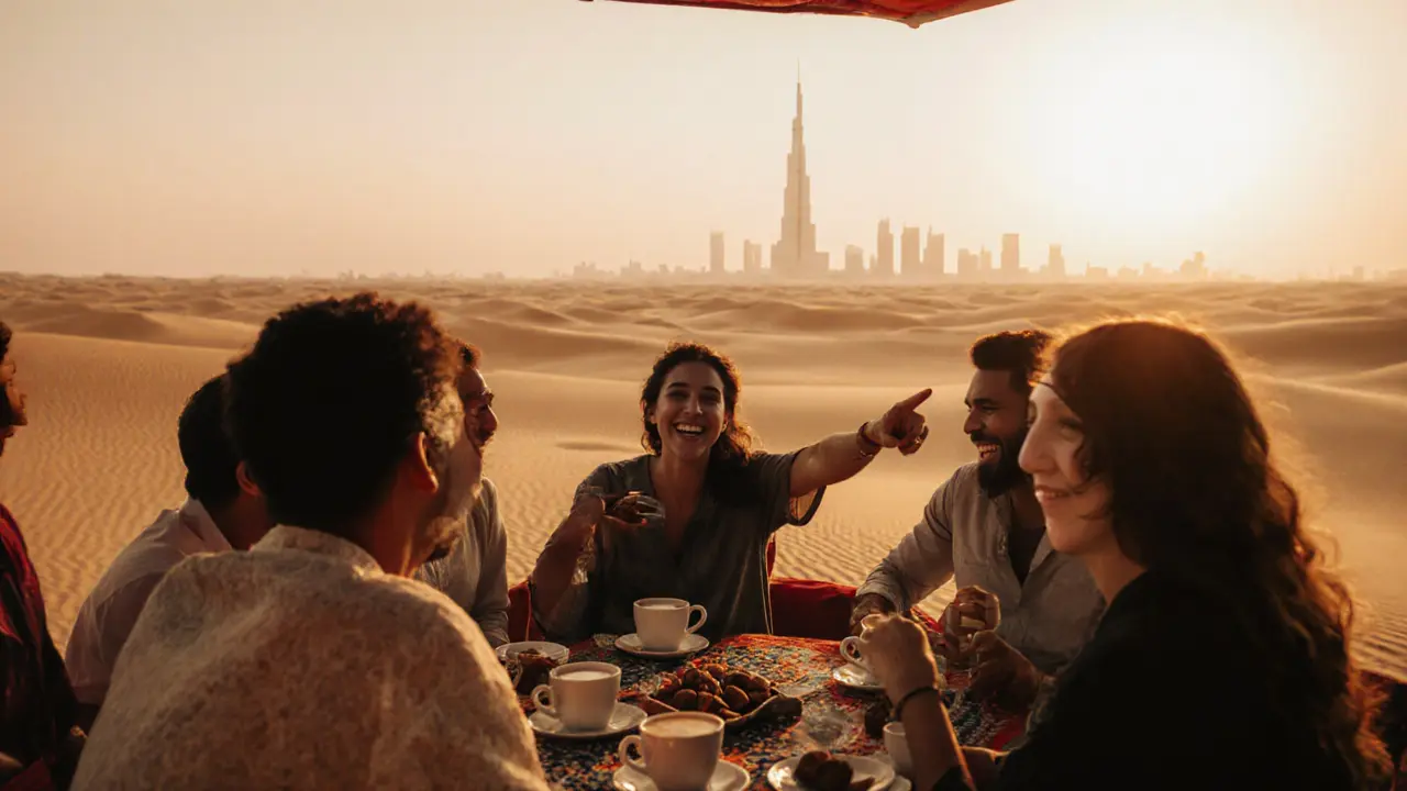 Travelers enjoying a desert safari at sunset with coffee and laughter, surrounded by golden dunes.