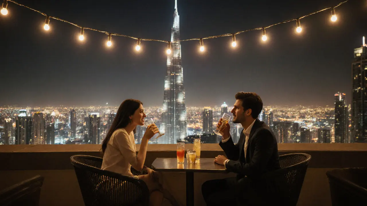 Two people sit quietly on a rooftop lounge in Dubai, enjoying the city skyline under soft night lights.