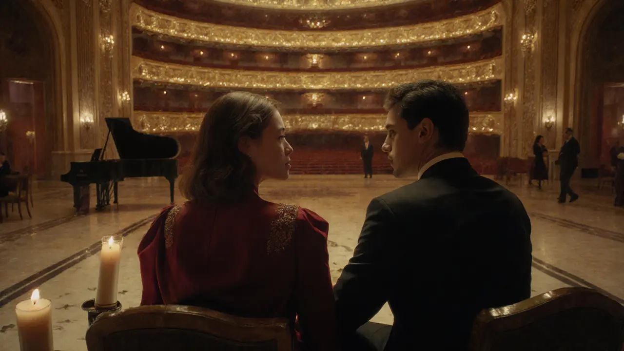 Two silhouettes in quiet conversation in the golden-lit foyer of Dubai Opera, surrounded by elegant architecture.