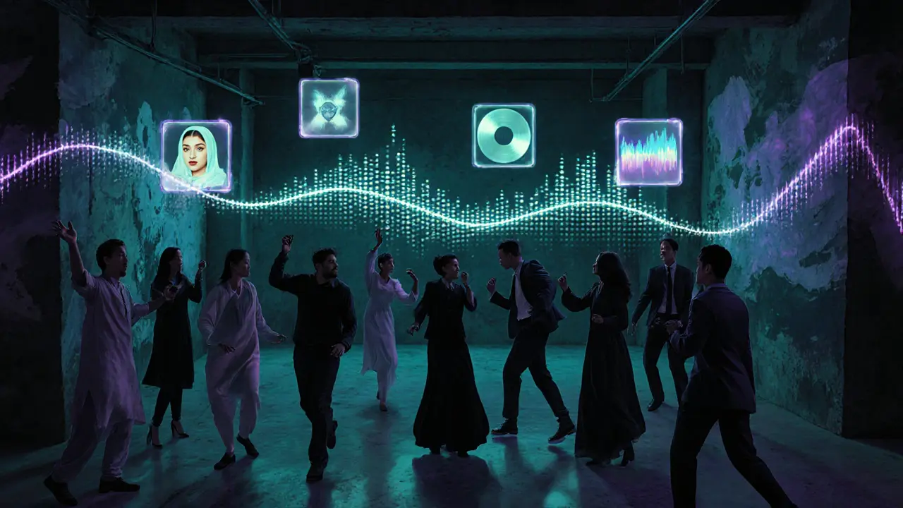 Underground club patrons moved by global music, surrounded by glowing soundwave art.