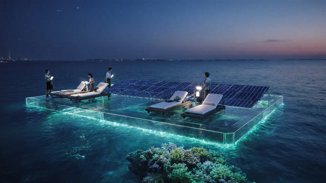 Underwater solar panels powering floating lounges with coral reef visible beneath calm waters.