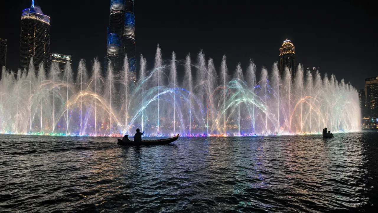 Underwater view of hundreds of precision nozzles launching colored water jets in rhythmic patterns, reflecting Burj Khalifa&#039;s lights.