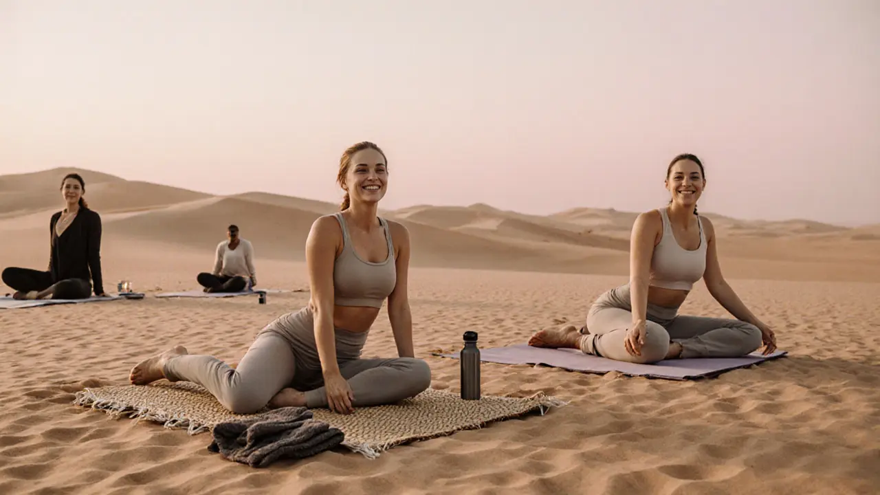 Women practicing yoga at dawn on desert dunes with pink sky background.