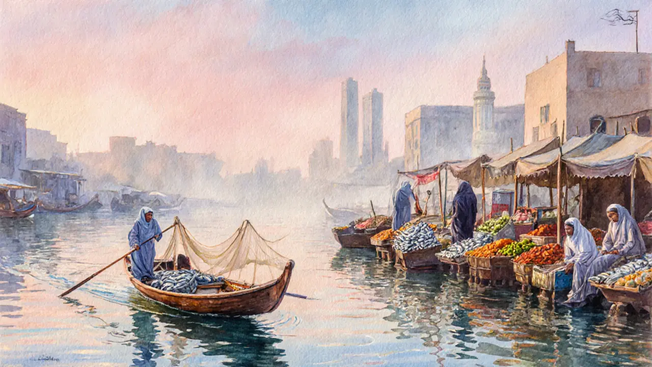 Wooden abra boat crossing Dubai Creek at dawn with fishermen and spice vendors.
