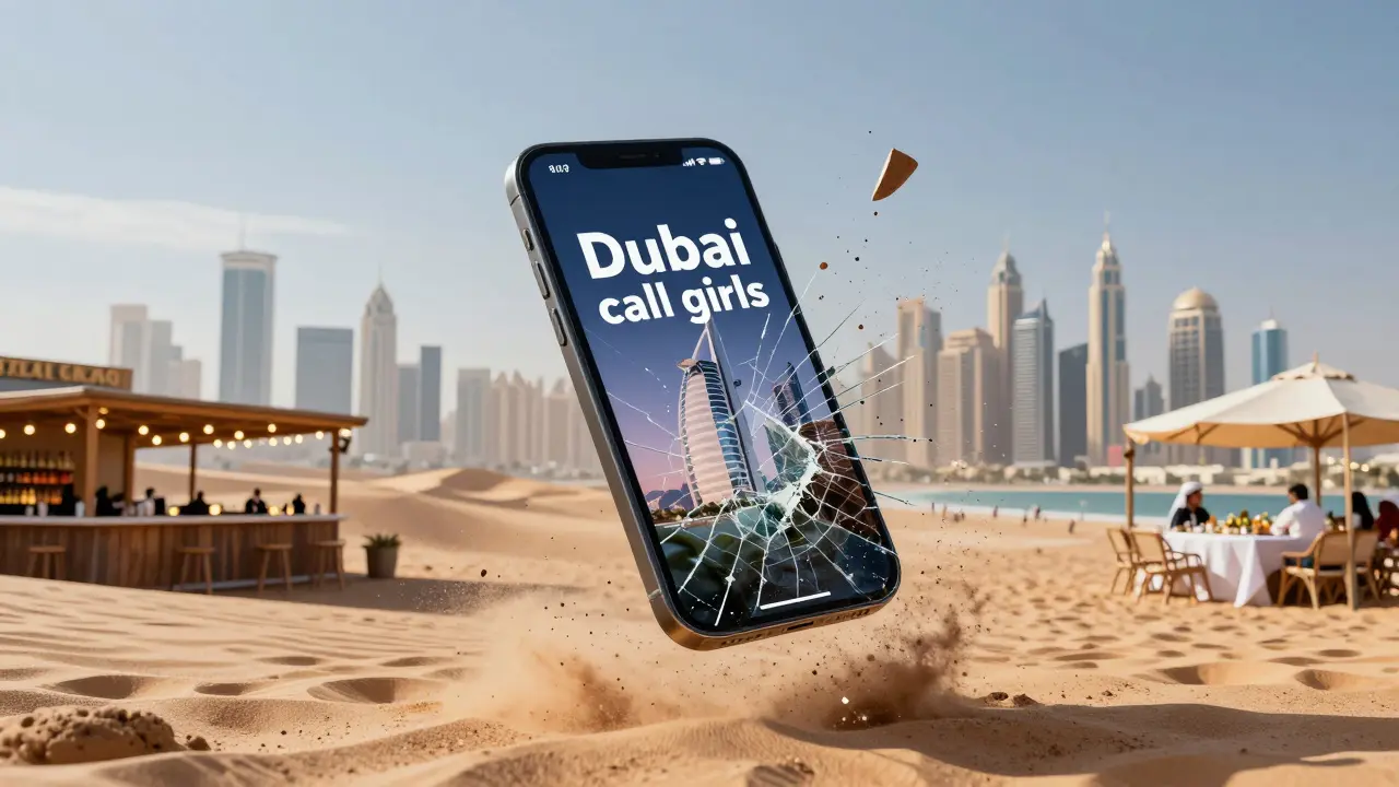 A broken phone with fake escort ads disintegrating, replaced by glowing images of Dubai&#039;s legal nightlife.
