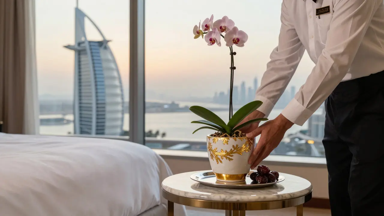 A butler places a rare orchid on a marble table in a luxurious hotel suite at dawn.