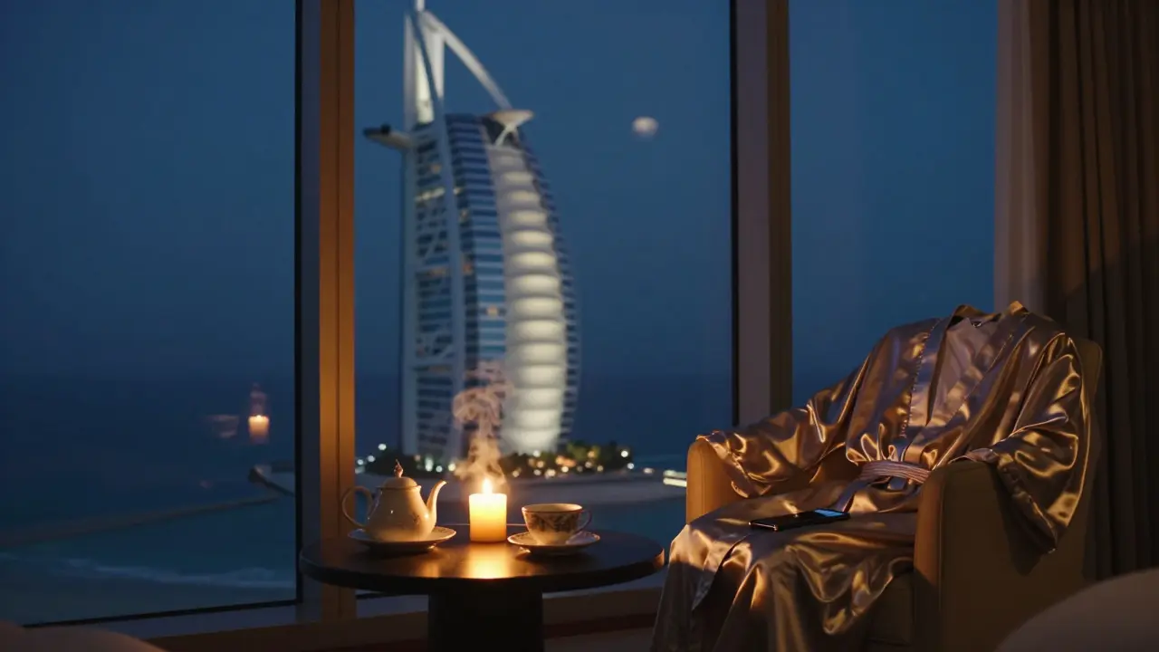 A candlelit suite in the Burj Al Arab with tea set and robe, conveying a moment of quiet, anonymous companionship.