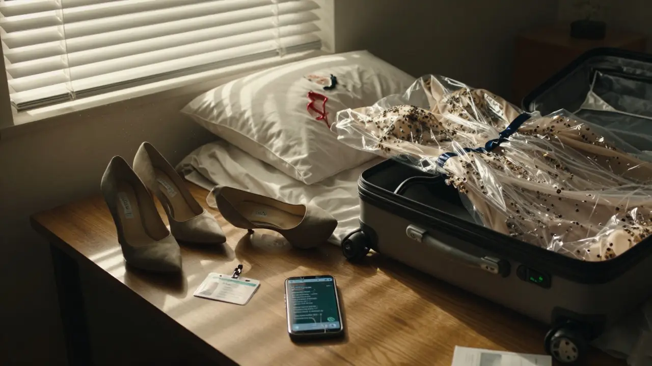 A cluttered apartment at dawn shows signs of a hidden life: fake ID, phone, and unpacked dress.