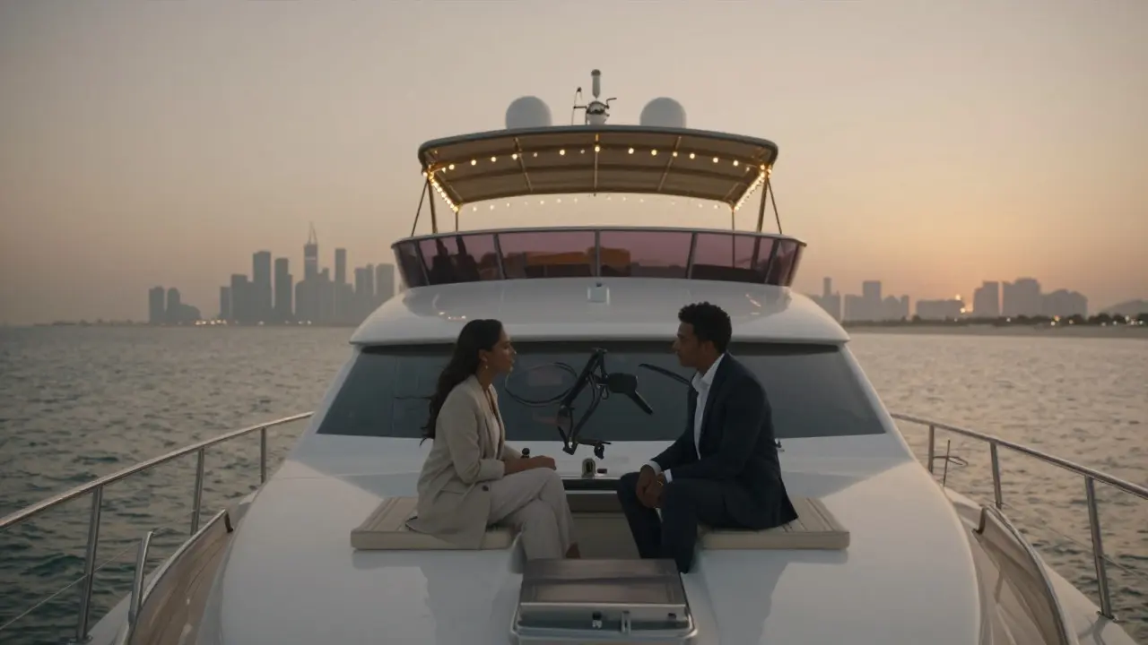 A couple on a luxury yacht at sunset, quietly talking as Dubai&#039;s skyline fades in the distance.