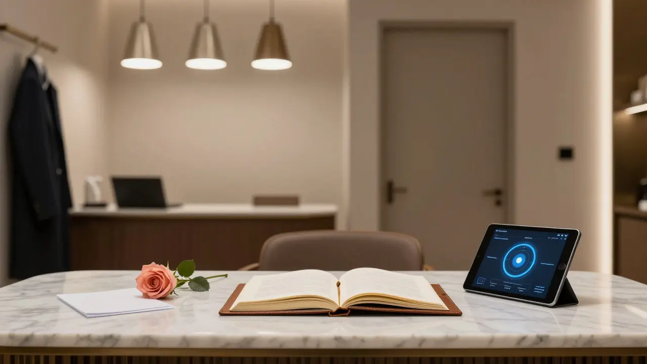 A discreet boutique agency office with a leather book, rose, and encrypted tablet on marble desk.