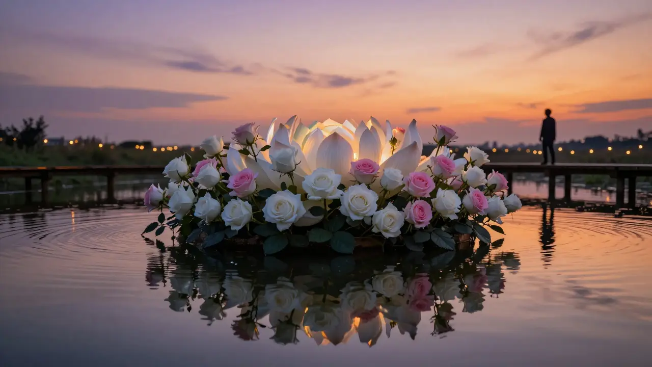 A floating lotus-shaped island of roses on a calm pond, reflected perfectly in the water at sunset.