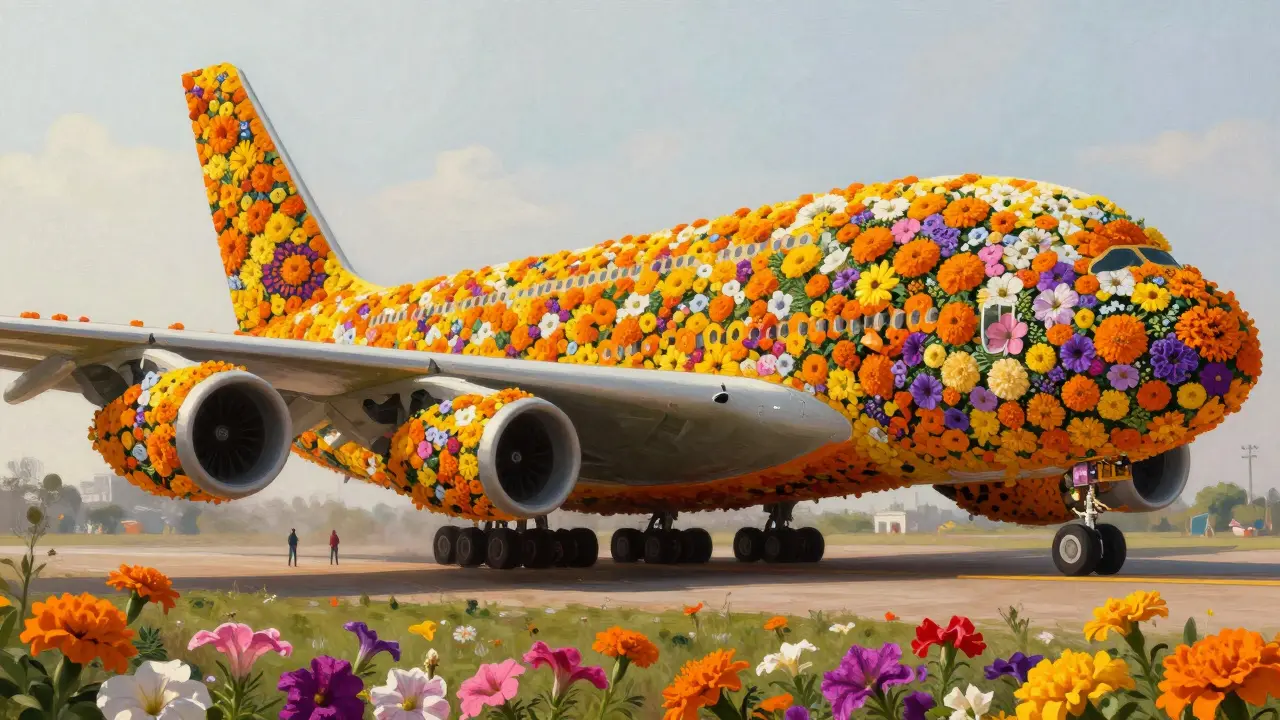 A giant Airbus A380 fully covered in yellow and orange flowers, viewed from below with visitors nearby.