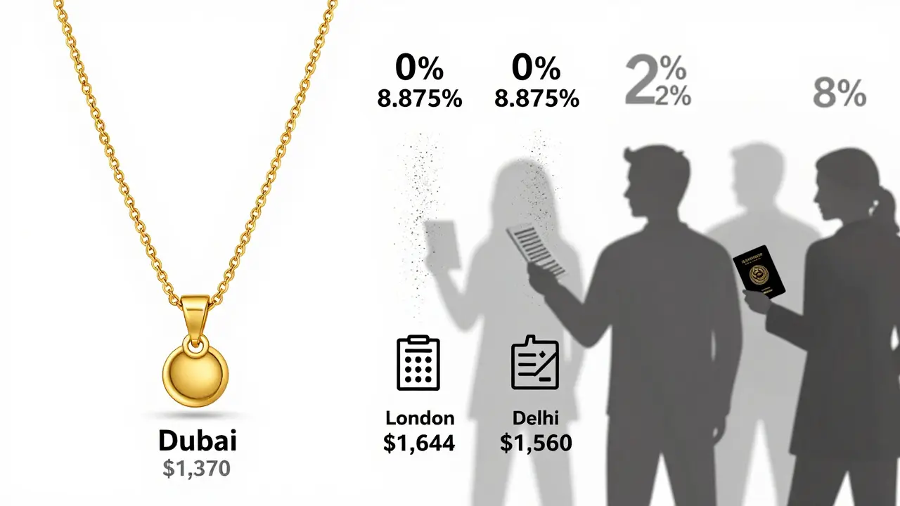 A gold necklace with price comparisons showing Dubai as the most affordable option.