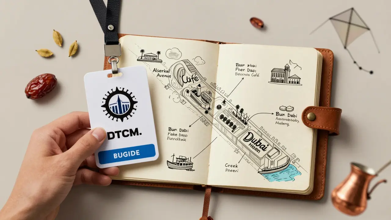 A licensed guide&#039;s badge beside a hand-drawn map of Dubai&#039;s hidden cultural spots.