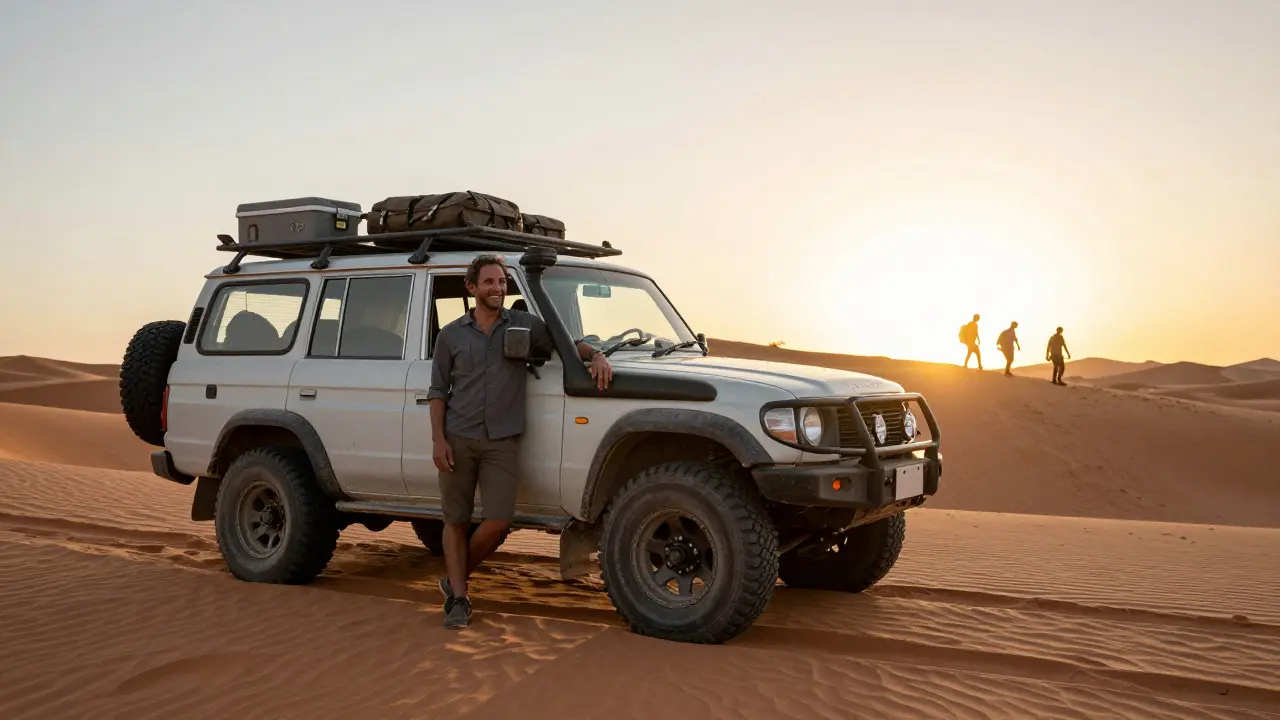 A local driver stands beside his dusty 4x4 at sunset, ready to take guests on a budget desert adventure.