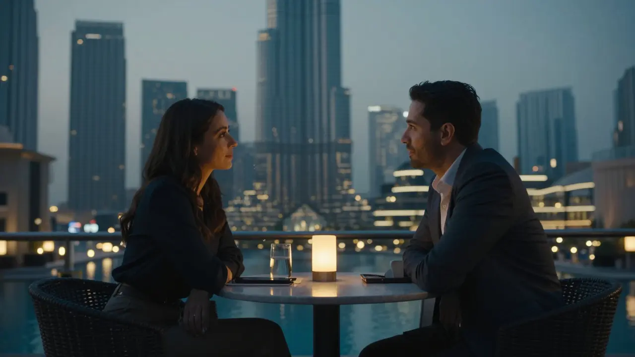 A man and woman having a quiet, intimate conversation on a rooftop lounge at dusk.