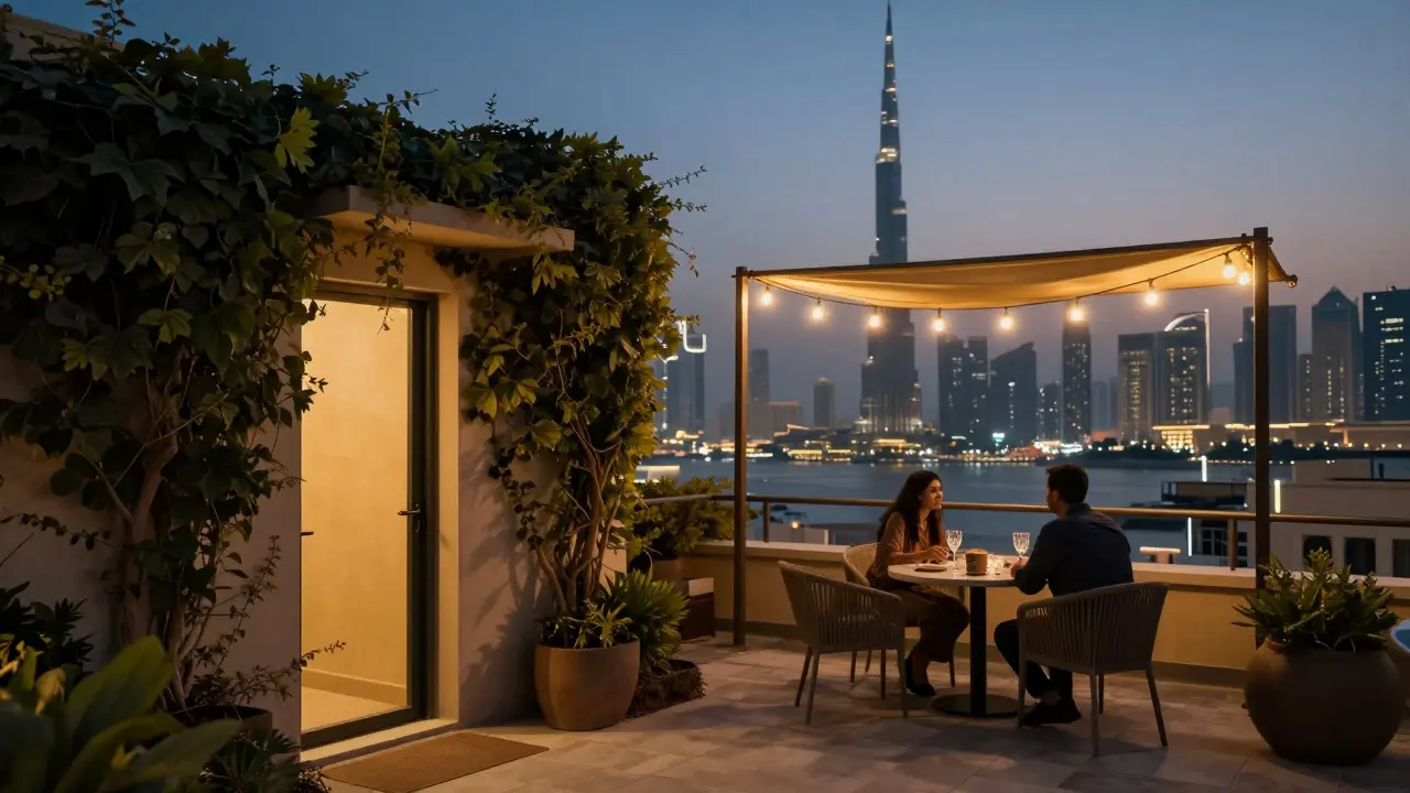 A private rooftop terrace above Dubai Creek at dusk, offering a distant view of the Burj Khalifa with two figures seated in calm solitude.