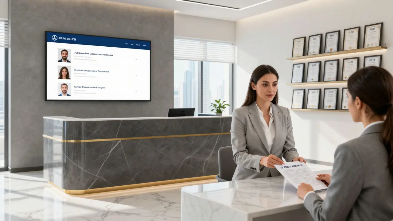 A professional meeting in a modern agency office with verified client profiles on digital screens.