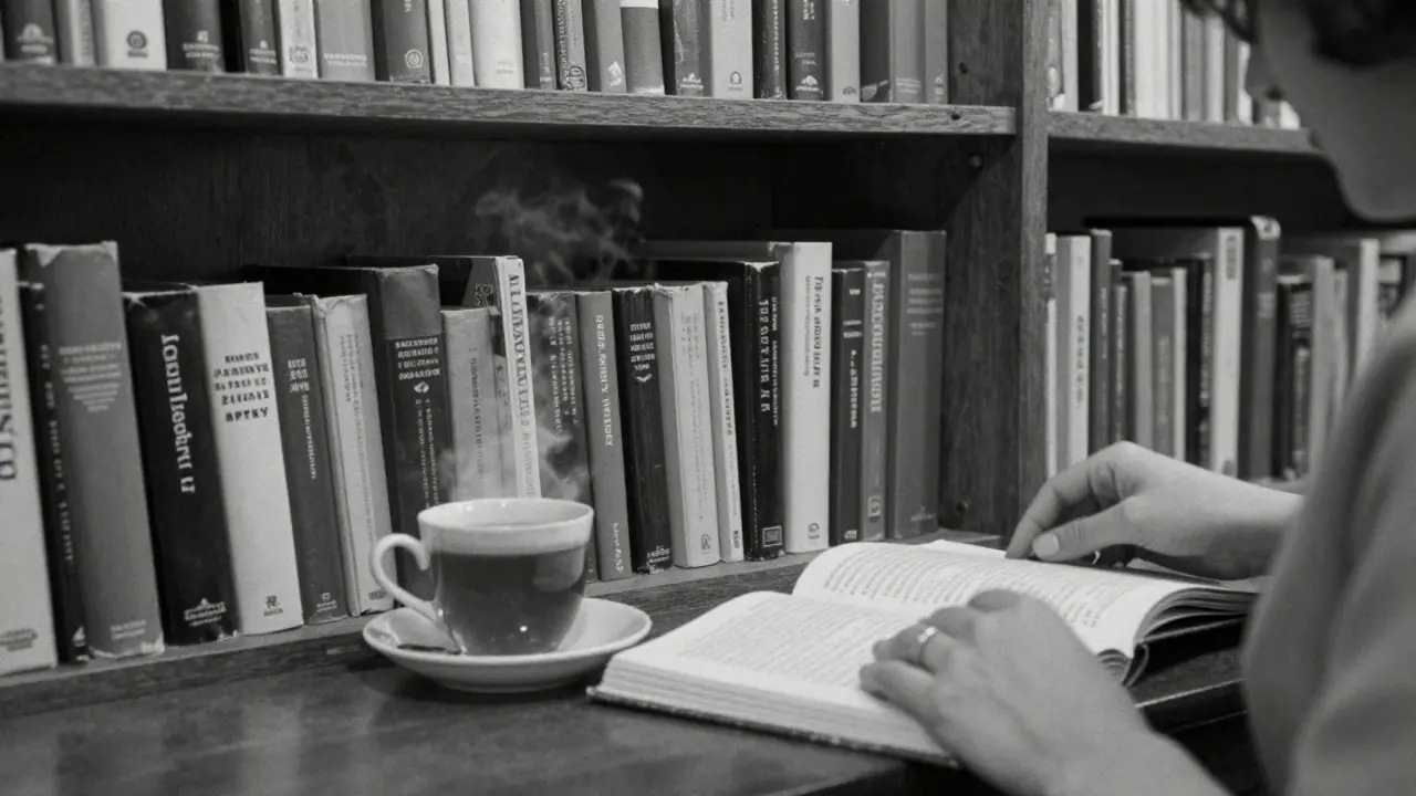 A quiet bookstore nook with books, tea, and a hand turning a page in silent reflection.