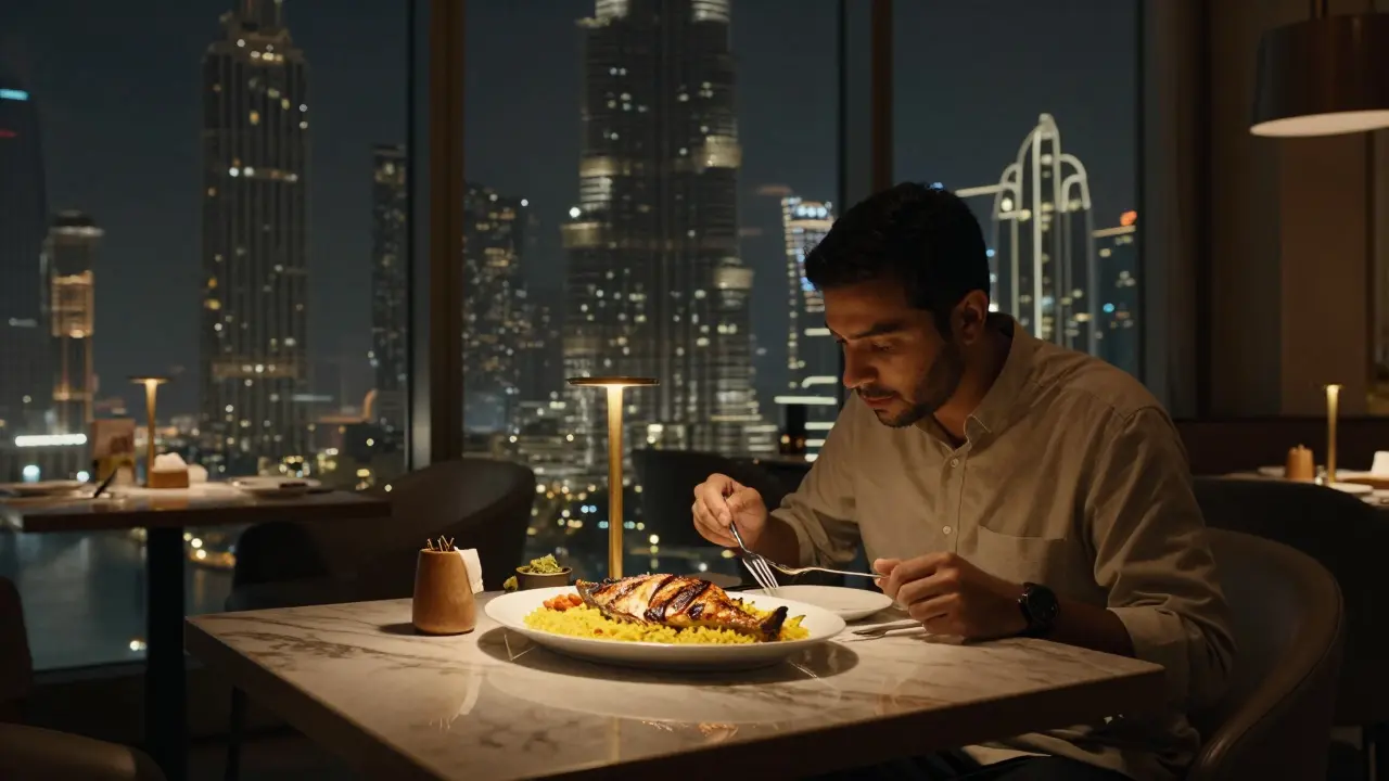 A quiet diner enjoying Emirati grilled fish and sweet vermicelli with eggs near Burj Khalifa at 2 a.m.