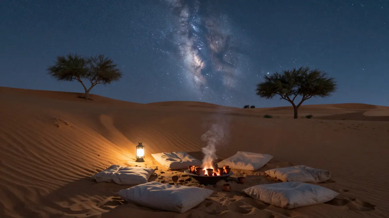 A secluded desert camp under the stars with a lantern, fire pit, and ceramic teacups, surrounded by sand dunes and acacia trees.