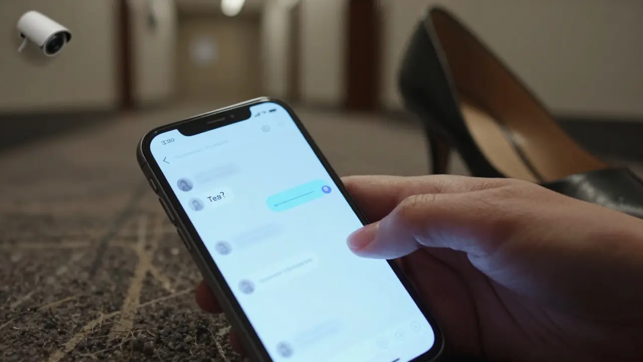 A smartphone screen displays an encrypted message saying &#039;Tea?&#039; in a hotel hallway with security cameras visible in the background.