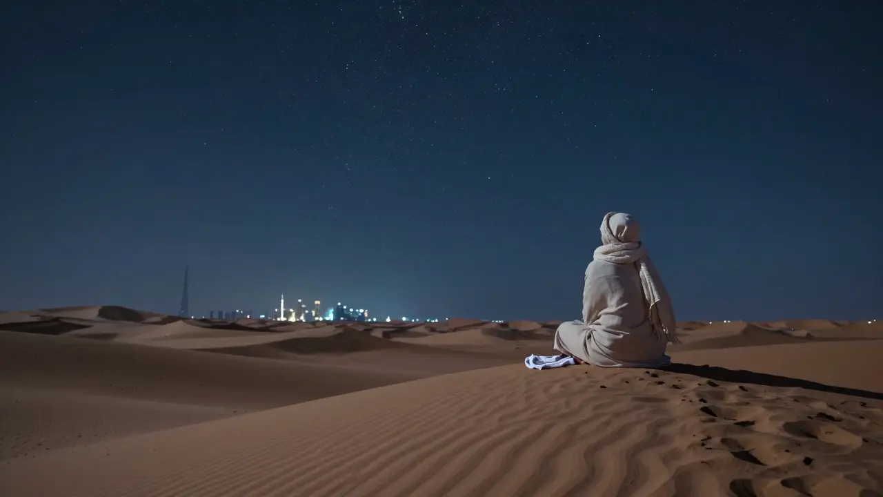 A solitary person sits atop a dune under a star-filled sky, wrapped in a scarf, immersed in desert silence.