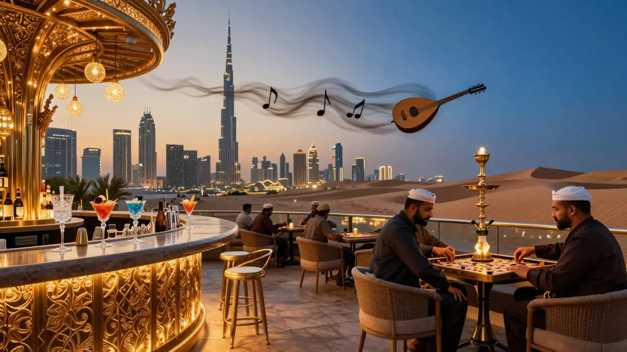 A surreal split scene showing Dubai’s glamorous rooftop bar and quiet traditional shisha lounge side by side.