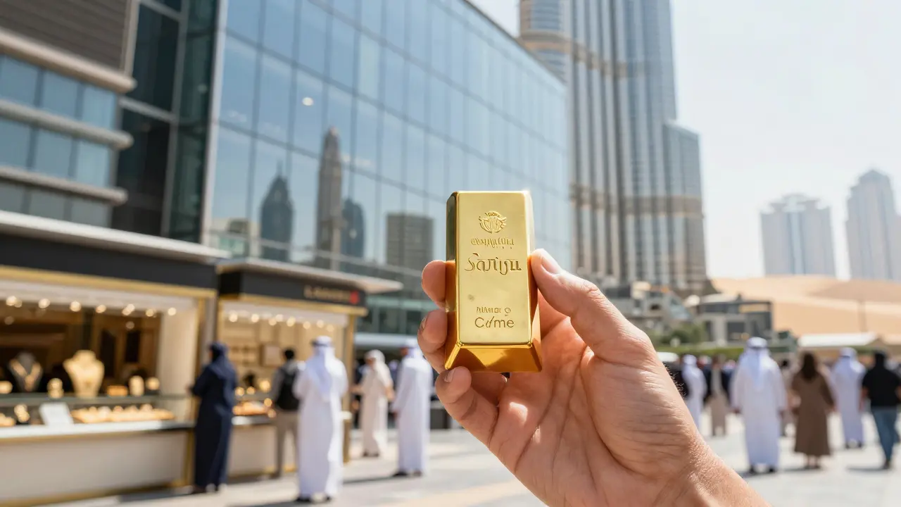 A tourist holds a hallmarked gold bar in front of Dubai Mall, symbolizing value and purity.
