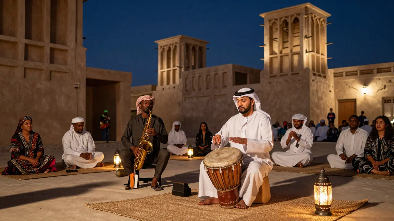 A traditional Emirati drummer and Kenyan saxophonist jam together in Al Fahidi's courtyard under lantern light, surrounded by quiet listeners.