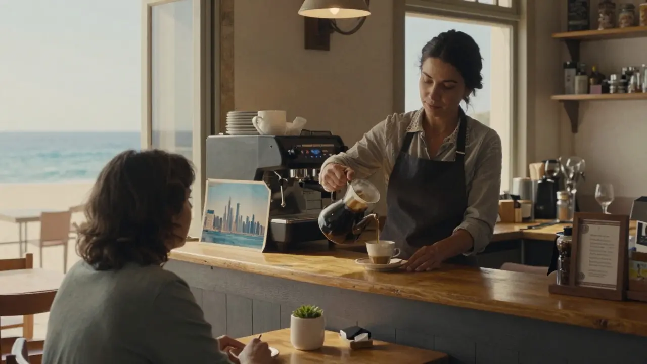 A woman serves coffee in a sunlit Portuguese café, a faded photo of Dubai’s skyline visible on the counter behind her.