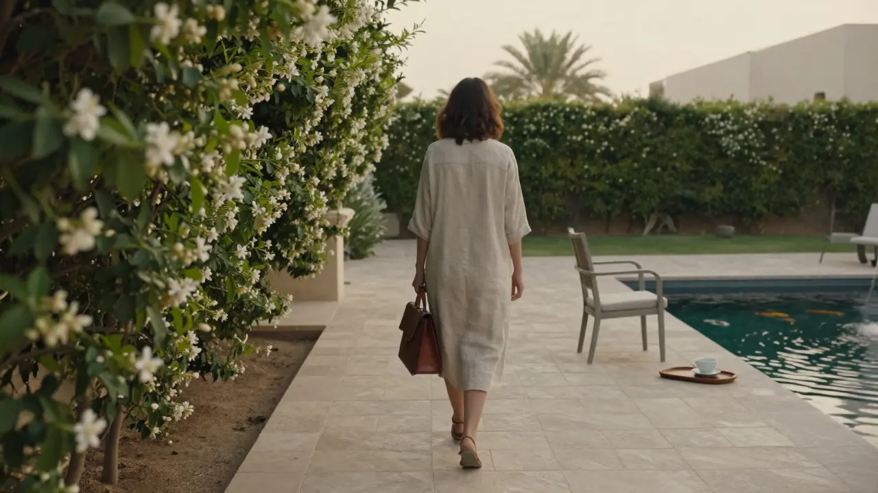 A woman walking alone through a serene villa garden at golden hour.