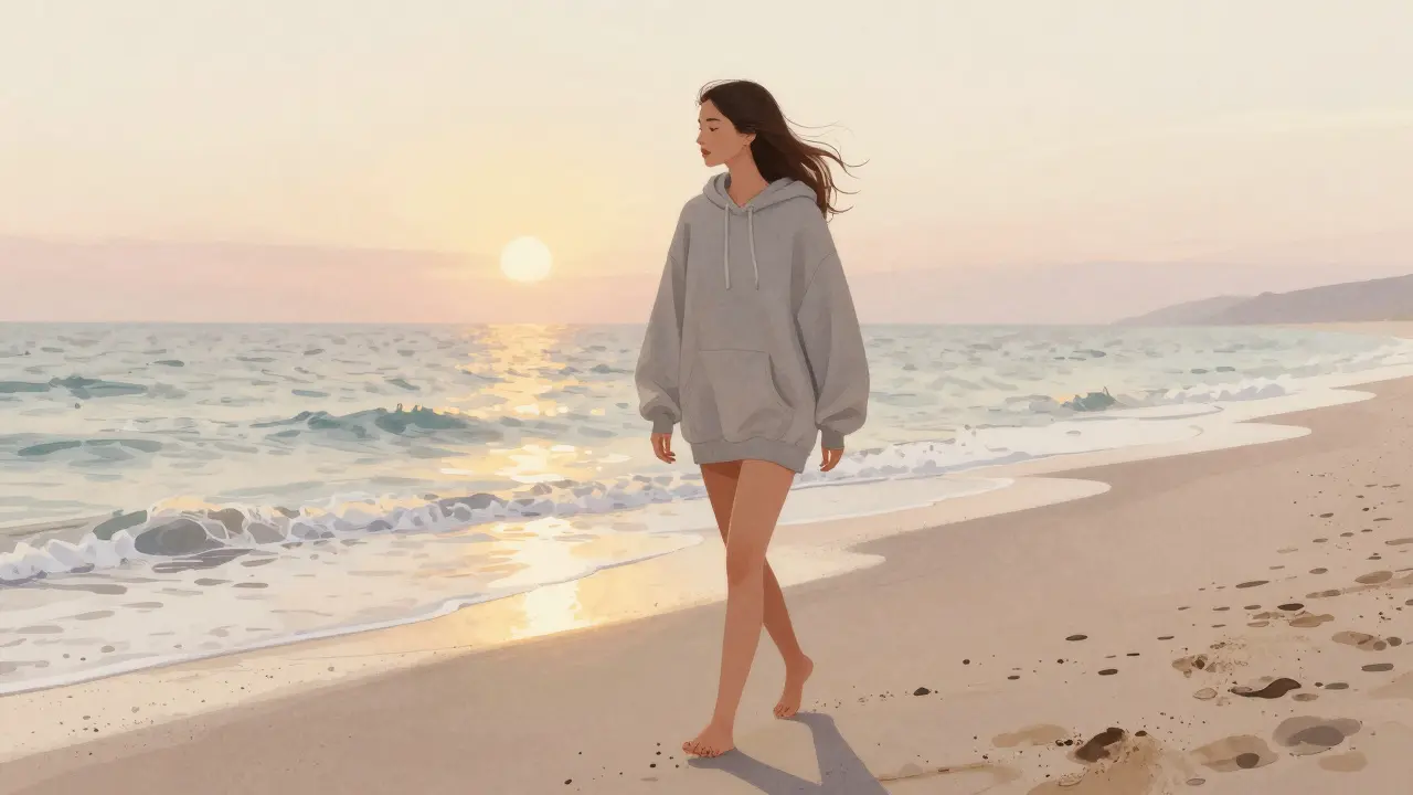 A woman walks barefoot on a deserted beach at dawn, hoodie fluttering in the sea breeze.