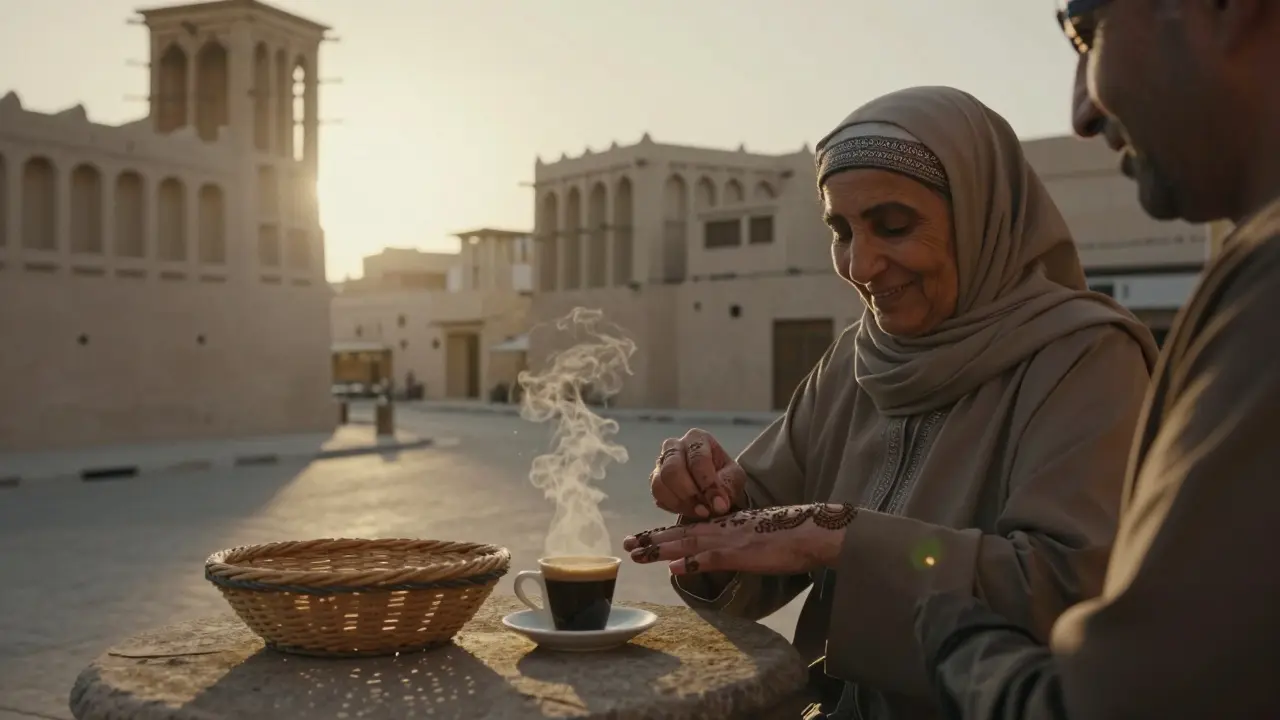 An Emirati grandmother smiles as she applies henna to a visitor's hand in a historic Dubai district at sunset.
