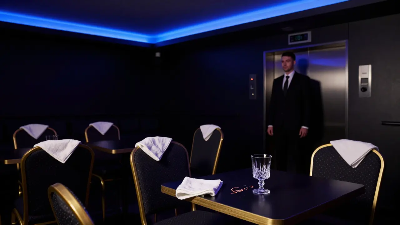 An empty, quiet nightclub at dawn, with staff cleaning and a security guard standing by the elevator in the dim glow of fading lights.