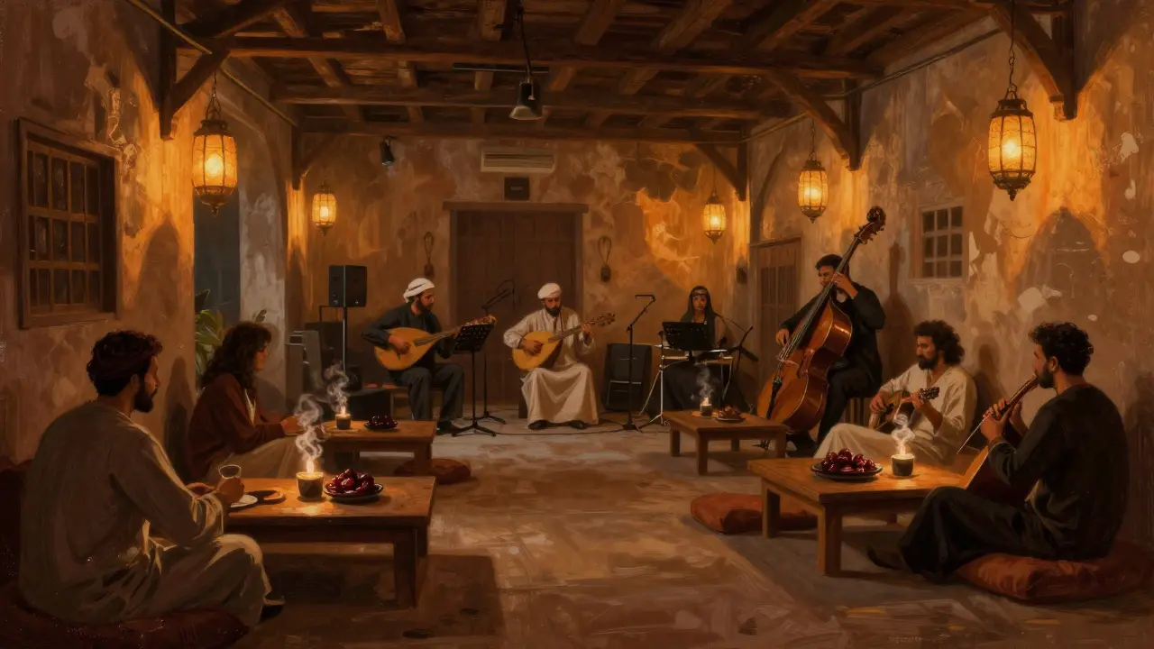 An intimate jazz and oud music lounge in a dimly lit warehouse with patrons relaxing on low cushions.