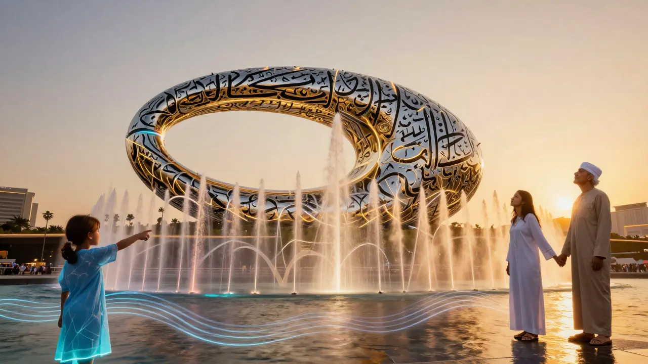 Artistic blend of water, light, and cultural figures symbolizing the Dubai Fountain as a unifying spectacle.