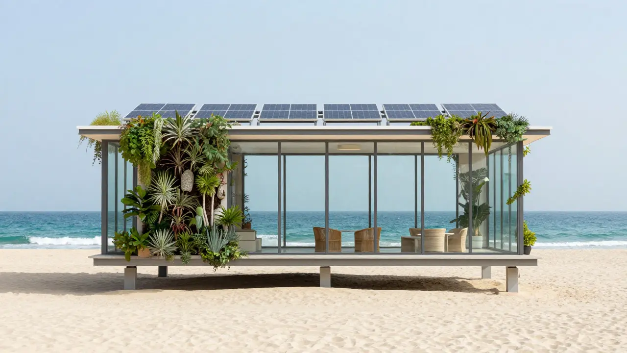 Beach House Dubai's glass structure on stilts with vertical gardens and solar panels overlooking the ocean.