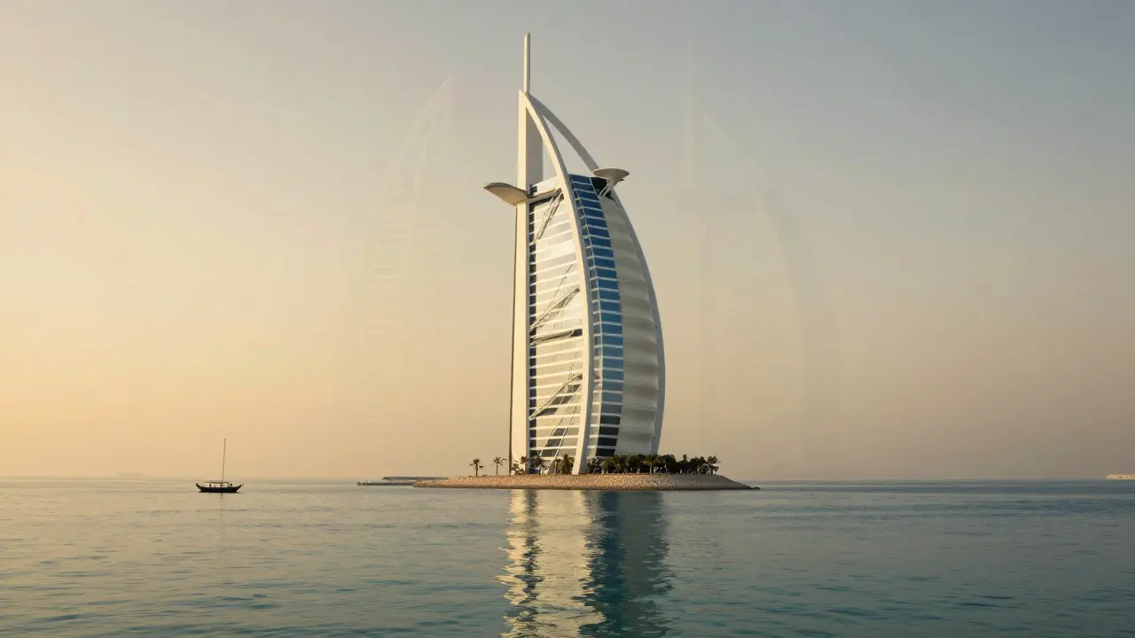 Burj Al Arab rising from the sea, its sail shape reflecting golden dunes in the water below.
