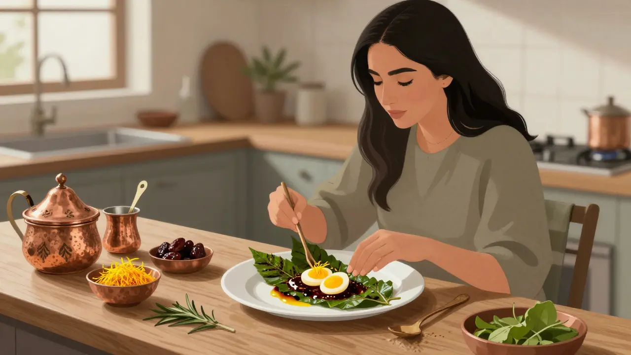 Chef Nadia Al Haddad plating Emirati dishes with ghaf leaves and saffron eggs in her quiet, rustic kitchen.