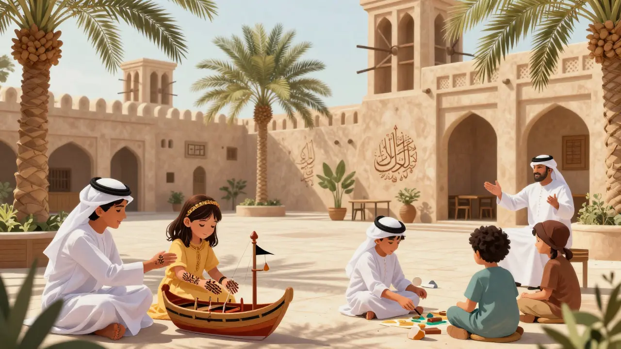 Children in traditional Emirati clothing learning henna art and boat decorating under shaded courtyards at La Perle Beach Club.